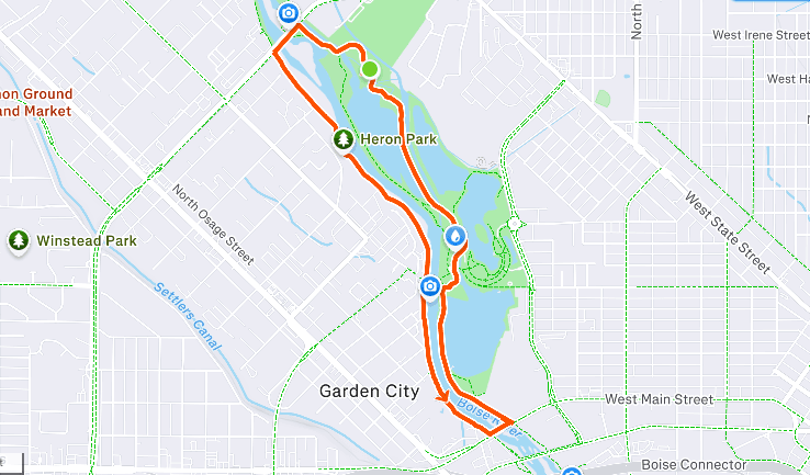 Boise Walks for Water 2026 route map — 3-mile loop starting at Veterans Memorial Park through Heron Park and Garden City